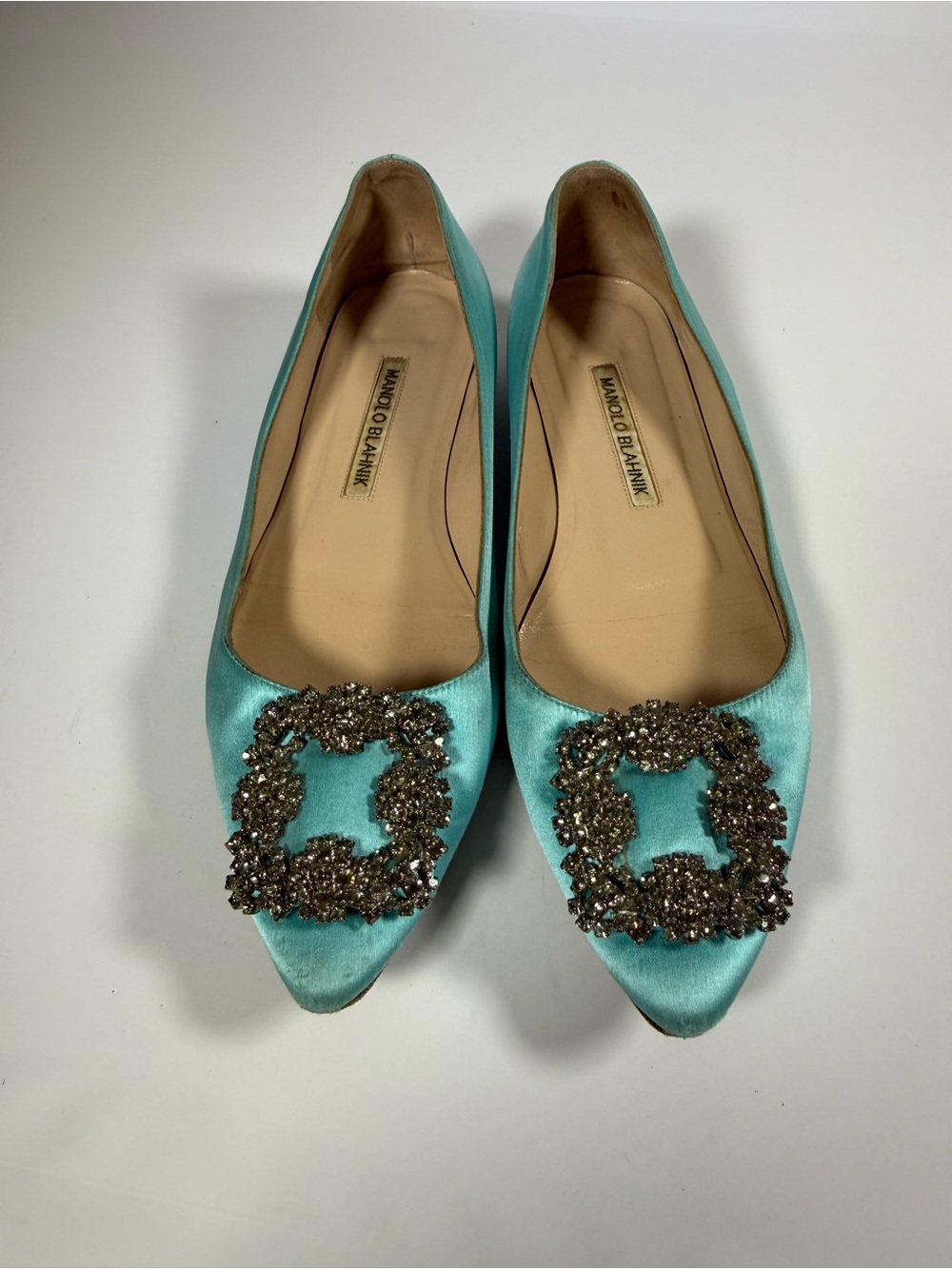 Manolo Blahnik Turquoise Satin Crystal-Embellished Pointed Flats